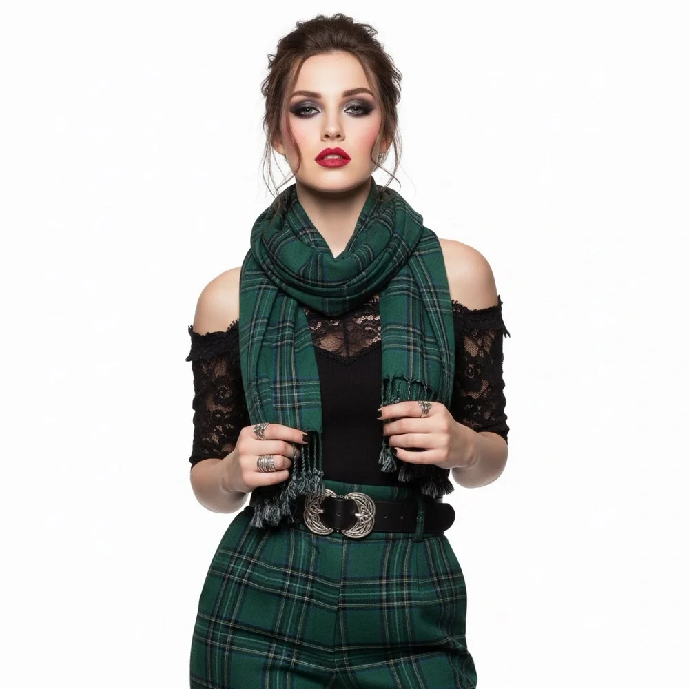 Tartan Plaid Scarf Green Black Holiday Wrap Whimsygoth Charming Charlie Shawl